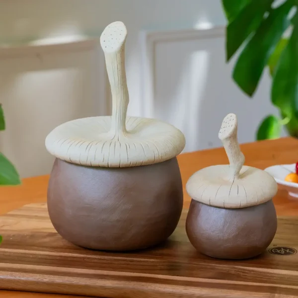 Duo de boîtes de rangement avec couvercle en céramique artisanale, parfaites pour stocker des fruits secs ou bonbons.