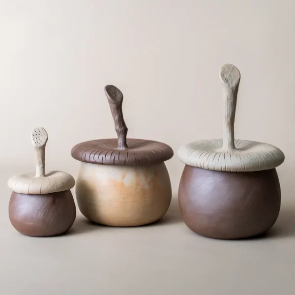 Trio de boîtes de rangement avec couvercle inspirées de la nature, design ludique et pratique pour la maison.