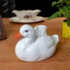 Boîte à mouchoirs canard blanc avec bec orange, intégrée harmonieusement dans un décor de table vintage et végétal.