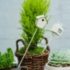 Nichoir blanc en métal piqué dans un pot de succulentes pour une décoration pot de fleurs intérieure.