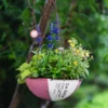 Pot suspendu demi-parapluie en métal, accroché à un arbre avec un mélange de plantes vertes et fleuries.