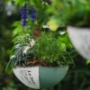 Pot suspendu vert pastel au design vieilli, décoré de marguerites blanches et de feuillage argenté.