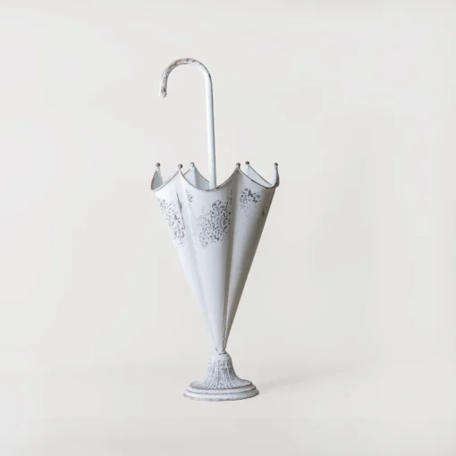 Pot de fleur original en forme de parapluie blanc vieilli, idéal pour décoration extérieure rétro.