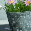 Focus sur la poignée métallique d’un pot de fleur en suspension orné de fleurs.