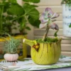 Vue de dessus du pot de fleur jaune artisanale en forme de feuille, décoré de mousse verte.