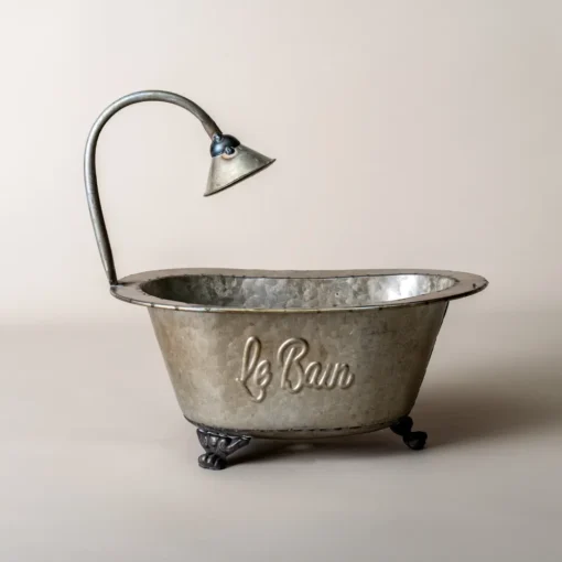 Pot de fleur pour intérieur en métal vieilli, en forme de baignoire ancienne avec inscription « Le Bain »