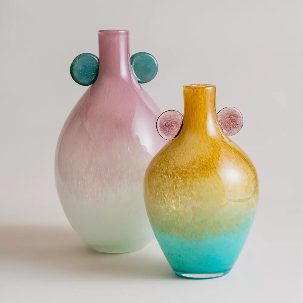 Relaxdays Lot De 3 Vases Décoratifs Verre 20,5 Cm - Bouteilles Rainurées Colorées Avec Bord Doré