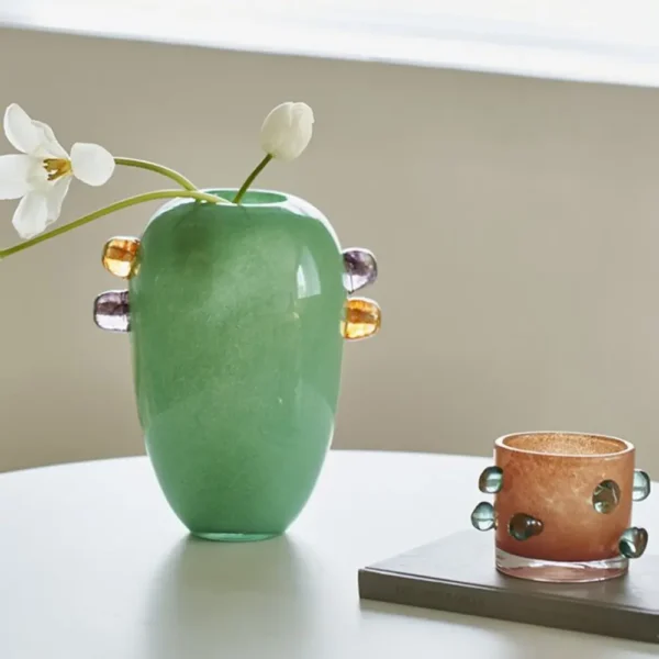 grand vase vert avec bulles en verre coloré