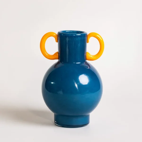 vase amphore bleu à anses jaunes